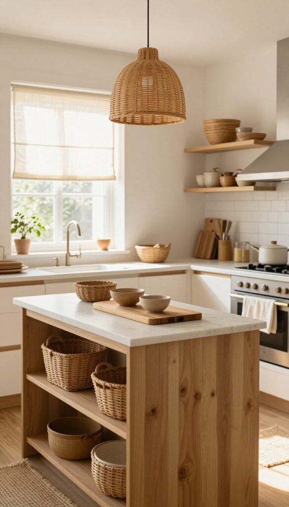 Small kitchen with natural textures like wood, woven baskets, jute rug, and linen towels for a warm, airy feel.