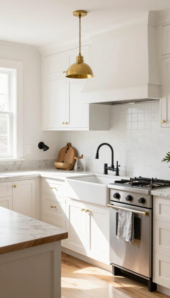 Modern country kitchen with mixed metal finishes including matte black faucet, brass pulls, and stainless steel appliances, warm wood tones, creamy white cabinetry, and natural light.