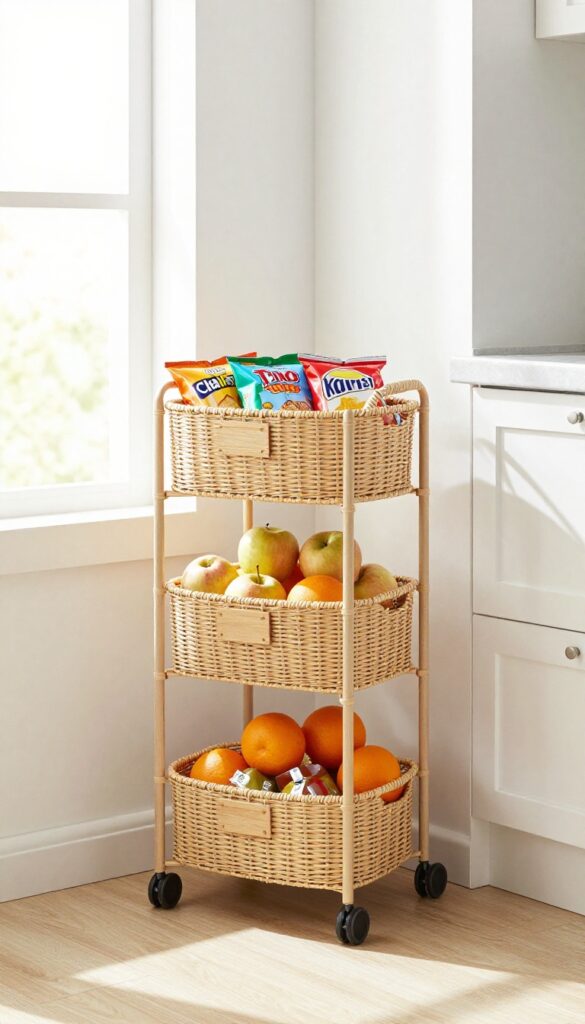 Three-tier rolling cart with labeled woven baskets for snack organization in a bright kitchen.