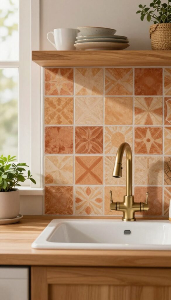 Warm kitchen sink with patterned terracotta backsplash, brass faucet, and wooden shelf