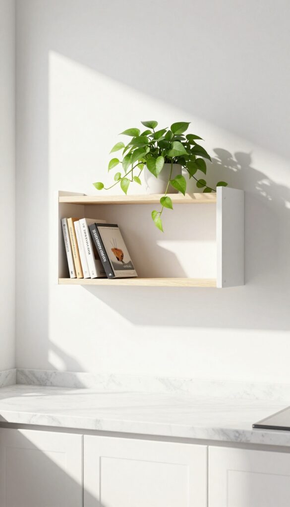DIY cookbook shelf with lip on kitchen wall, holding cookbooks and a small plant, natural light, photorealistic