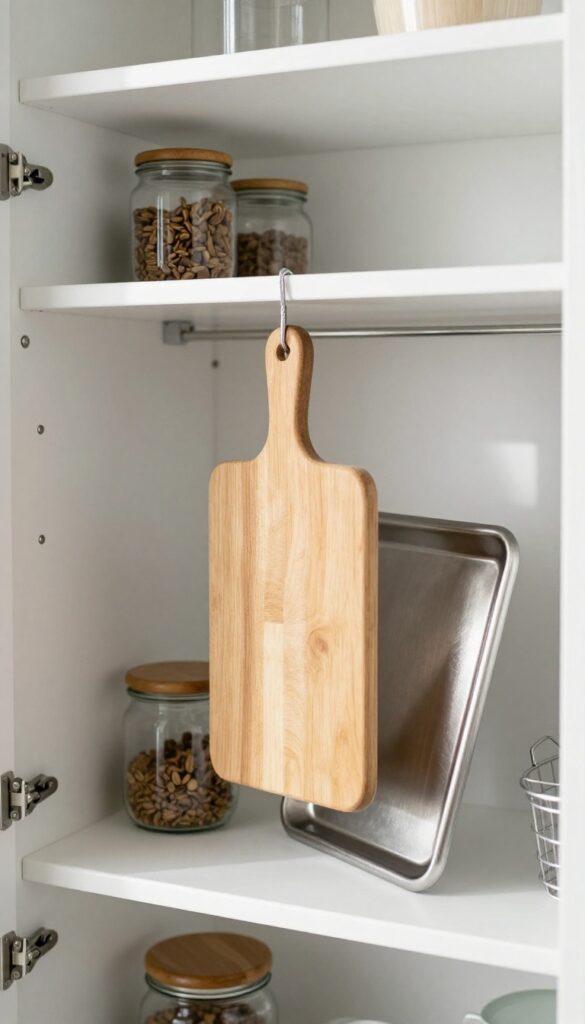 Pantry with tension rod holding cutting board and baking sheet upright between shelves