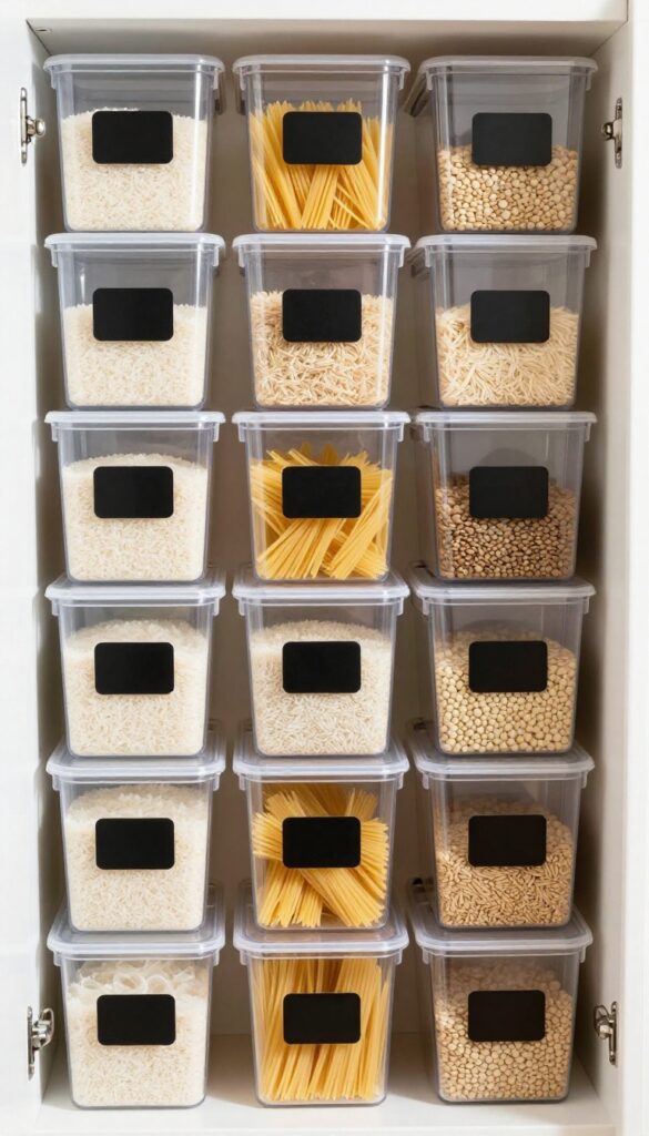 Small pantry shelf with clear labeled bins filled with dry goods, bright natural light, organized and tidy.