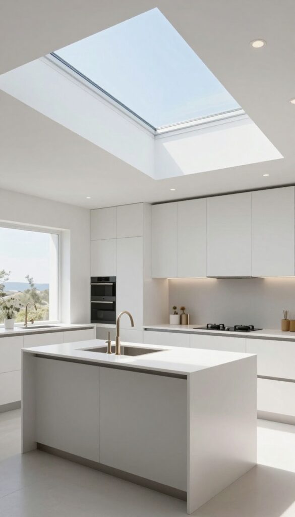 Modern kitchen with flat roof skylight above island, natural light, minimalist design