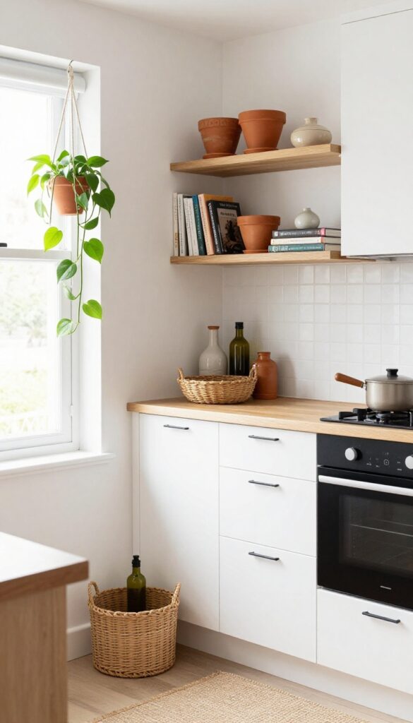 Modern boho kitchen with macramé plant hanger, terracotta pots on open shelves, and woven baskets in warm natural light.