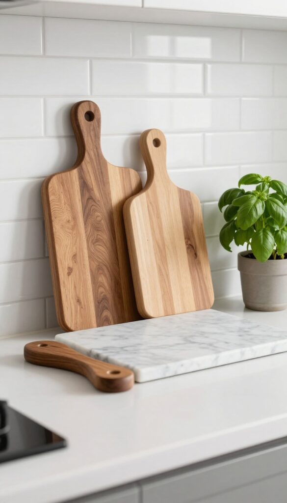A collection of wooden and marble cutting boards displayed against a kitchen backsplash, with a small potted herb nearby.