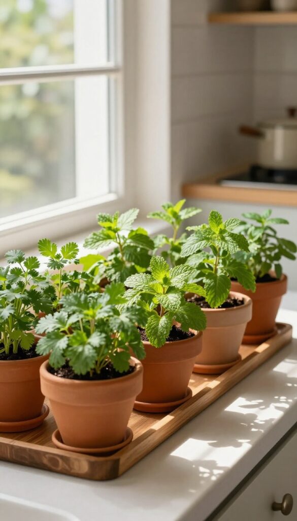Indoor herb garden on a kitchen windowsill with clay pots of coriander, mint, and curry leaves in natural light