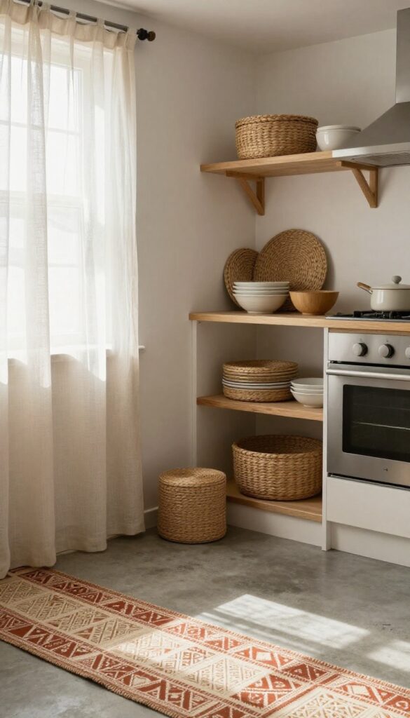 Cozy basement kitchen with patterned runner, linen curtain, and woven placemats on open shelving