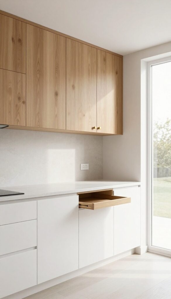 White lower cabinets with warm wood upper cabinets in a bright kitchen, featuring brass hardware and a neutral backsplash.