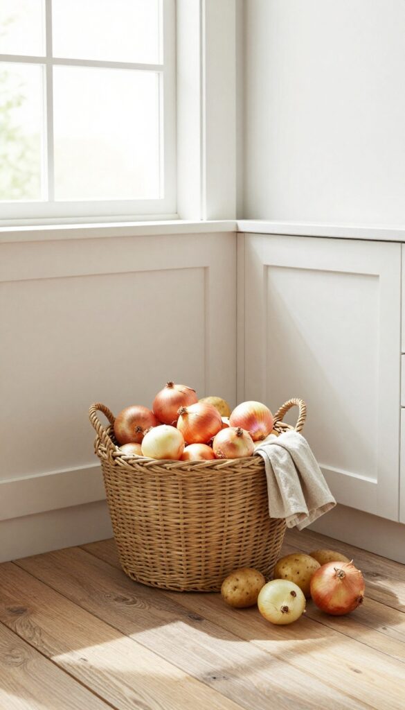 Large woven floor basket in kitchen corner filled with onions and potatoes, rustic decor.