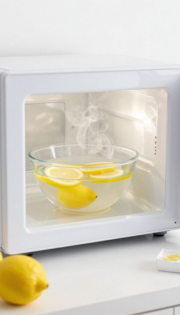 Microwave with bowl of water and lemon slices inside, steaming to deodorize