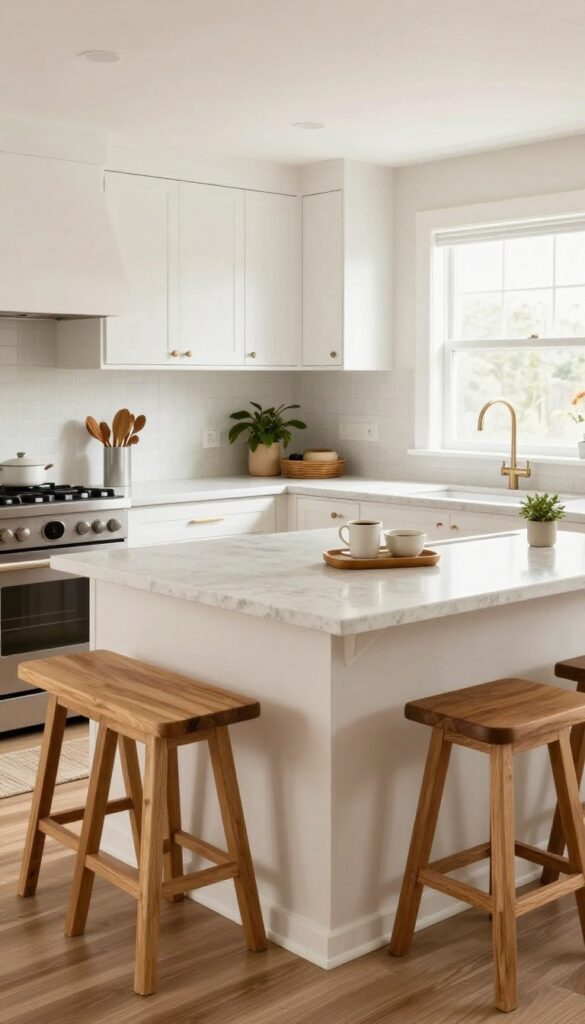 Kitchen peninsula with a lowered breakfast bar, butcher block top, and stools, bright natural light