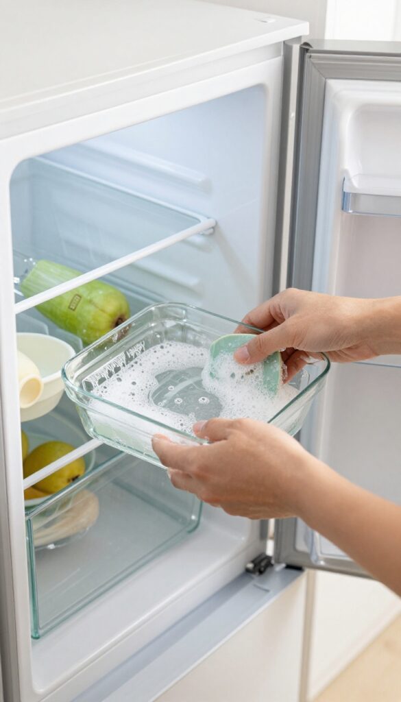 Hands washing a refrigerator shelf in a sink with soapy water, fridge open and organized in the background