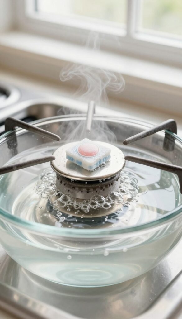 Burner grate and cap soaking in hot water with a dishwasher tablet, bubbles and steam visible, natural light.