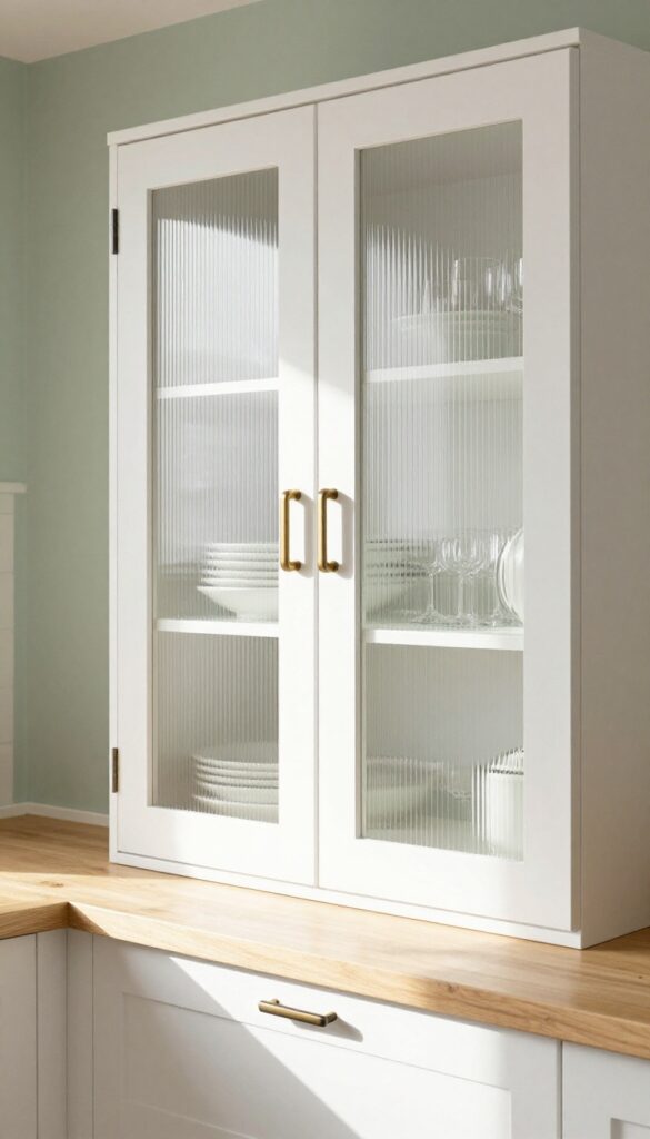 Modern kitchen with white cabinets and reeded glass doors, softly blurred dishware inside, natural light, matte black frames and brass hardware