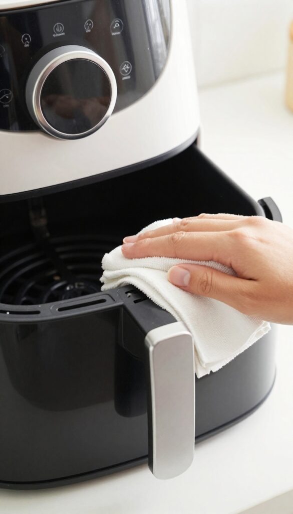 Cleaning the heating element of an air fryer with a damp cloth