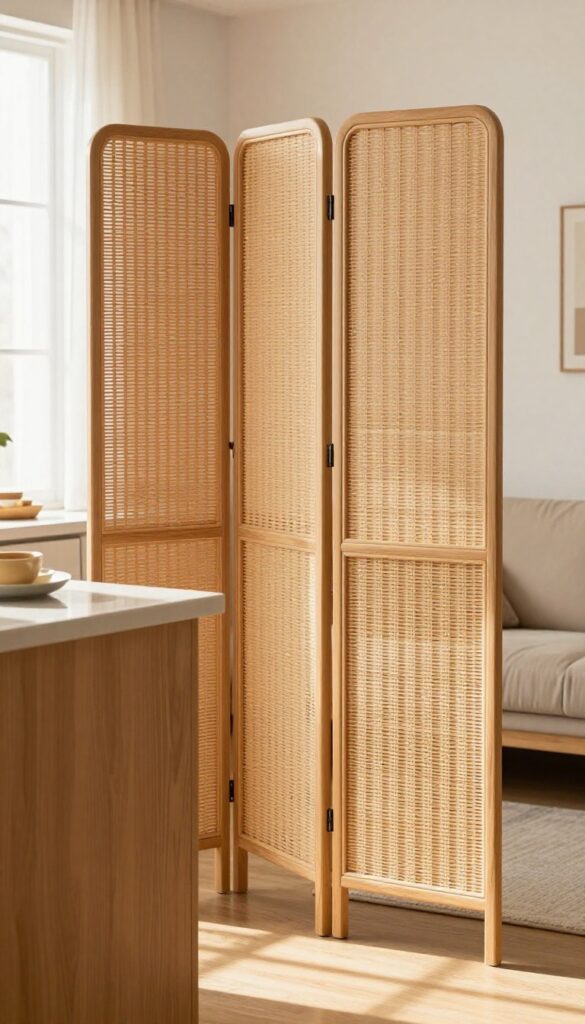A rattan folding screen dividing a small kitchen and living room, warm natural light, cozy decor