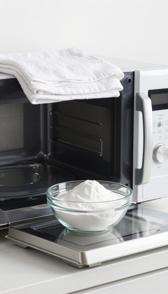 Clean microwave with door open, dish towel propping door, bowl of baking soda inside, bright natural light, fresh kitchen scene
