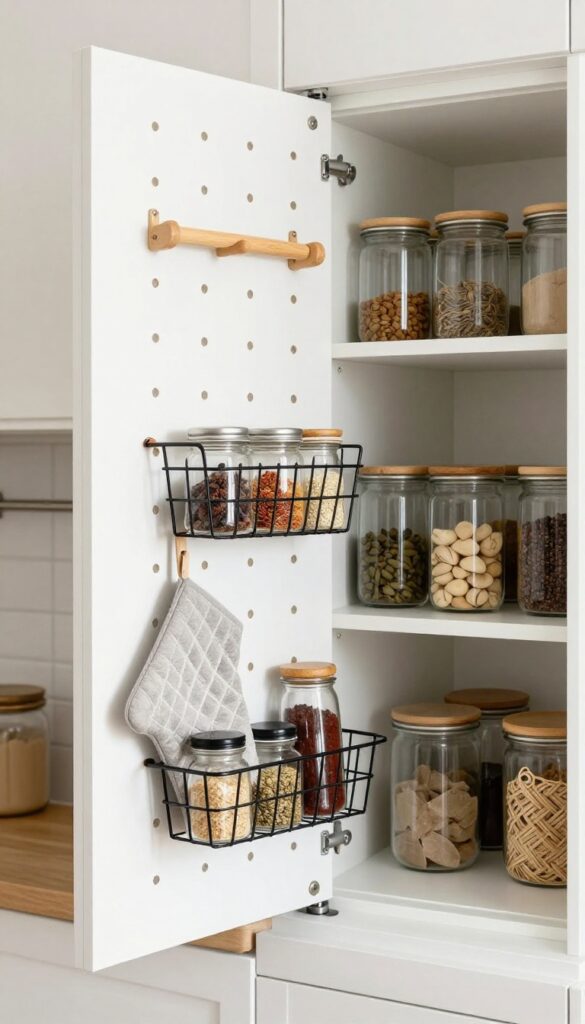 Pegboard mounted on inside of pantry door holding hooks, basket, and oven mitts, with organized pantry shelves in background