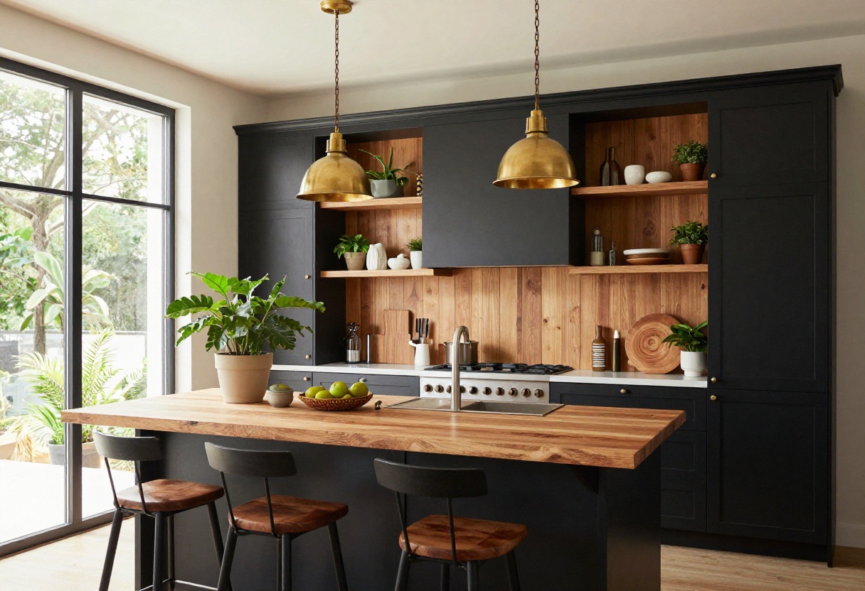 Modern black kitchen with warm wood accents and brass lighting
