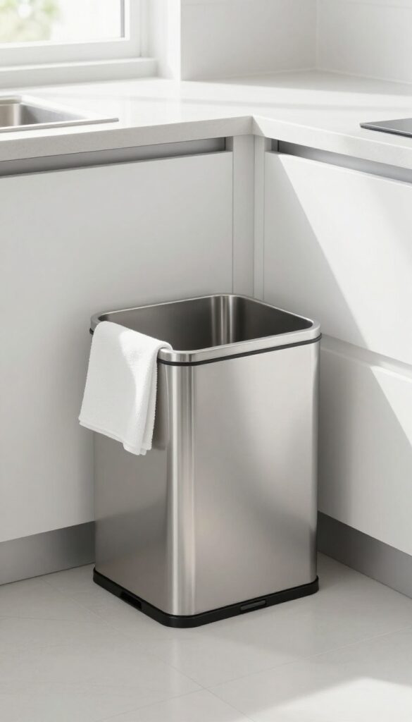 A clean stainless steel trash bin being wiped with a cloth in a bright kitchen