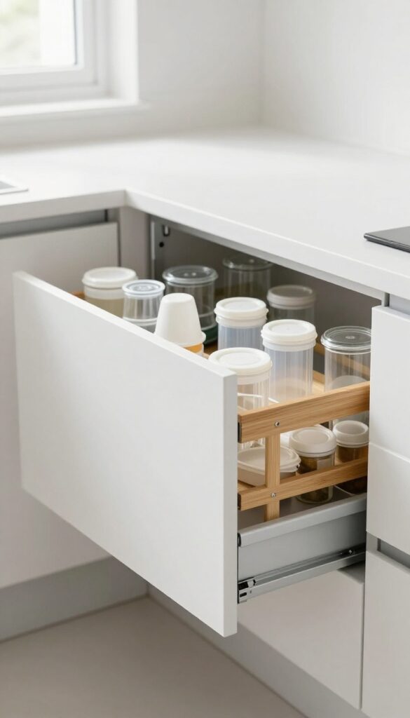 Pull-out drawer with vertically organized container lids using adjustable dividers in a bright kitchen.