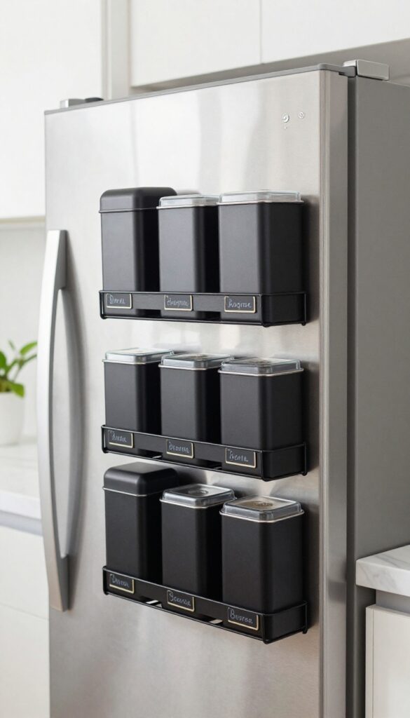Magnetic spice rack on the side of a refrigerator with labeled black tins and clear lids, organized for easy access.