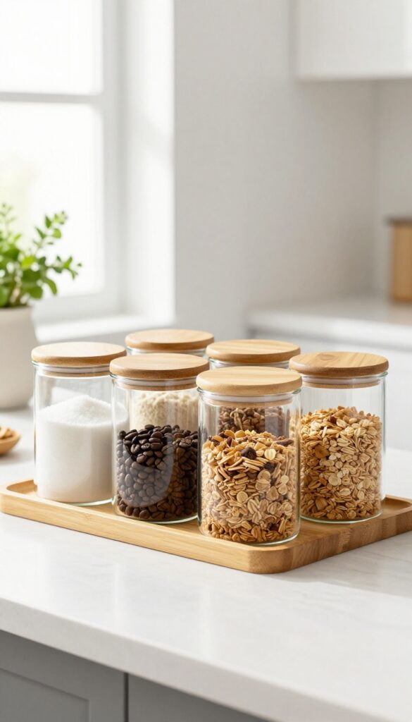 Clear glass canisters with bamboo lids arranged on a kitchen table, filled with dry goods like sugar, flour, and coffee beans, creating a clean and organized display.