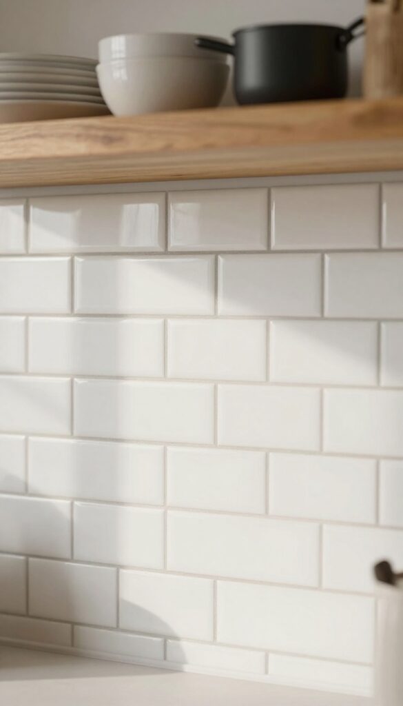 White herringbone subway tile backsplash with warm gray grout in a modern country kitchen
