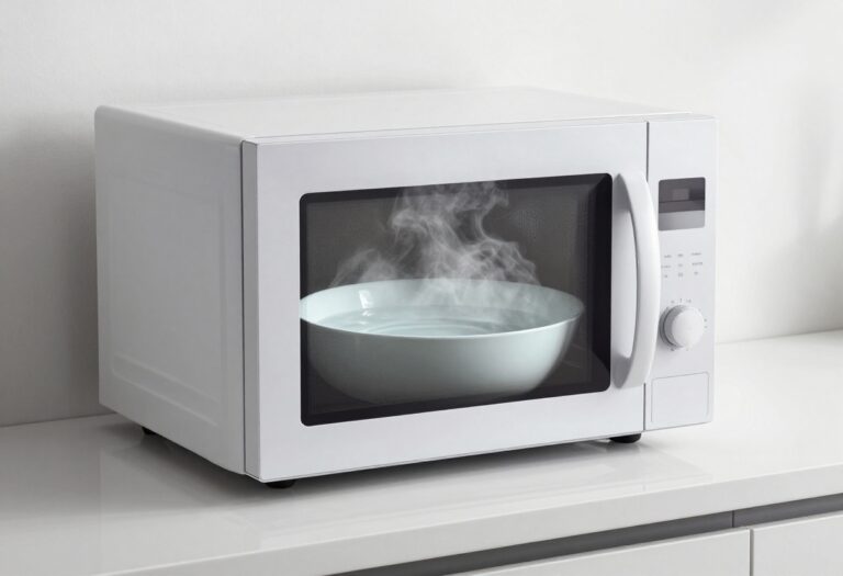 Clean microwave interior with a bowl of steaming water and lemon slices