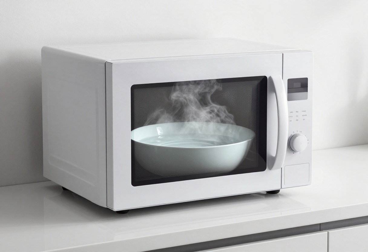 Clean microwave interior with a bowl of steaming water and lemon slices