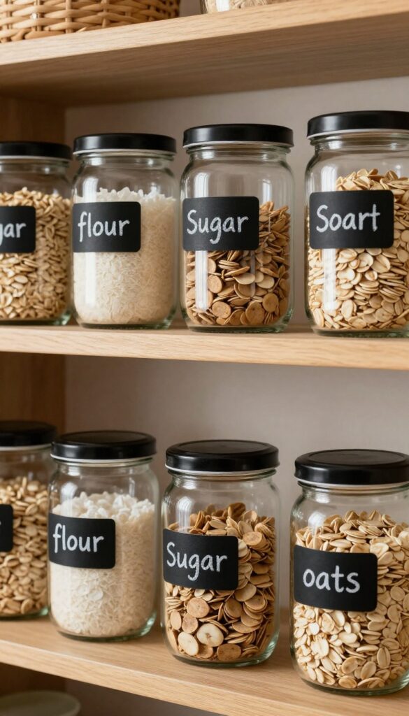 Clear jars with black lids and black chalkboard labels on natural wood shelves in a bright, warm pantry.