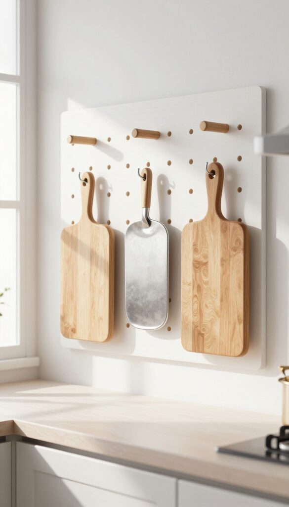 White pegboard on kitchen wall holding cutting boards and baking sheets vertically with hooks and dowels, bright natural light, clean and organized look