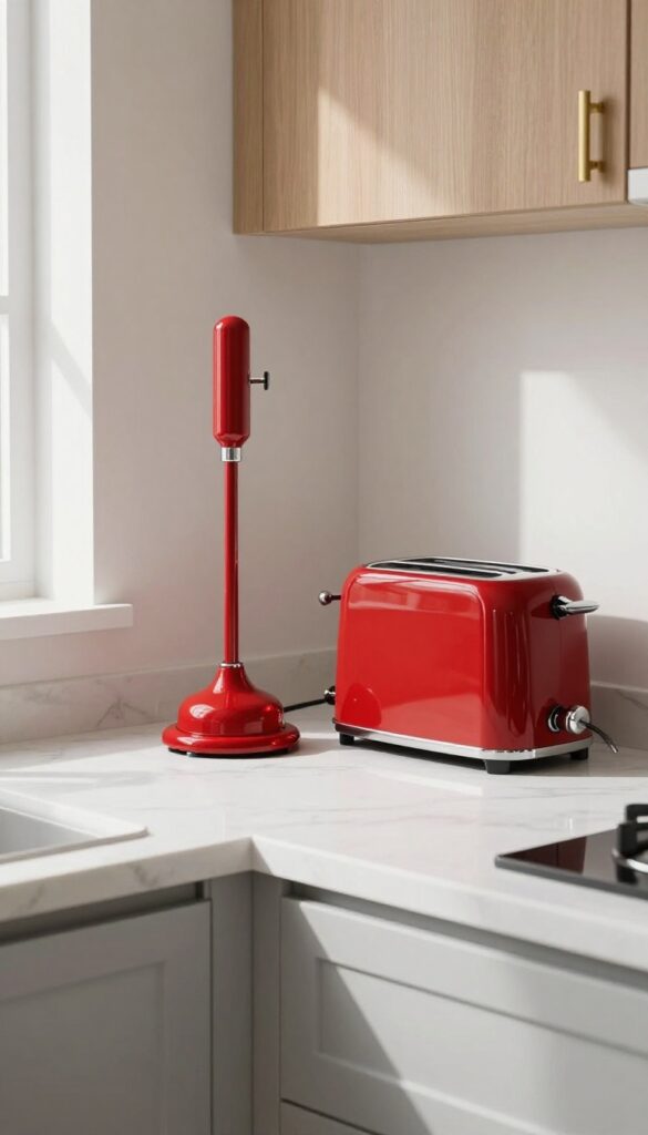 Red stand mixer and toaster on white marble countertop in a light, airy kitchen