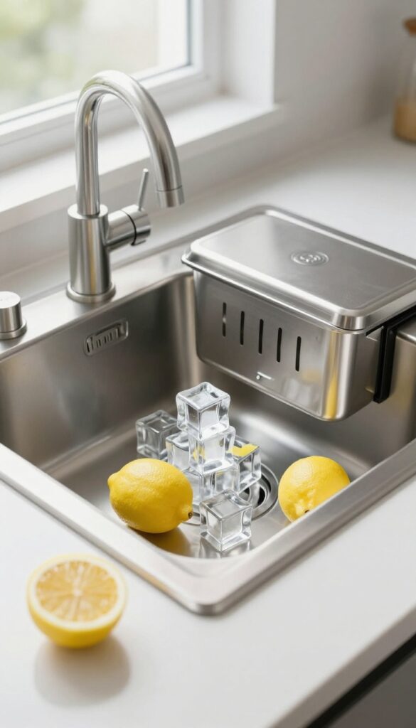 Ice cubes and lemon peels in a kitchen garbage disposal for deodorizing