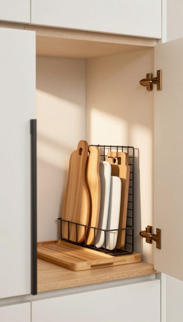 Inside-cabinet door rack holding cutting boards vertically in a bright kitchen