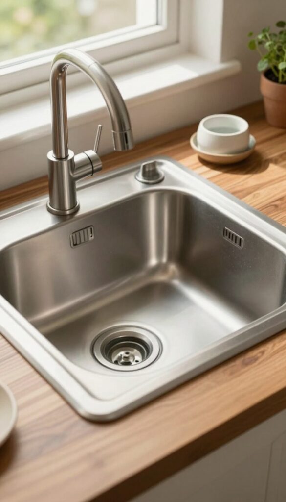 Kitchen sink with wooden drainboard, ceramic soap dish, and potted herb in warm natural light
