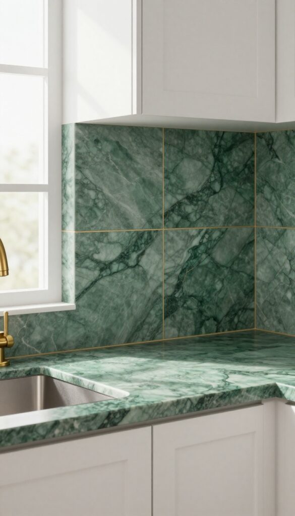 Green marble-look peel-and-stick kitchen backsplash with gold grout, white cabinet, and gold faucet in natural light.