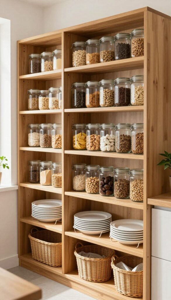 Open shelving pantry wall with glass jars, wooden risers, and woven baskets in a bright kitchen
