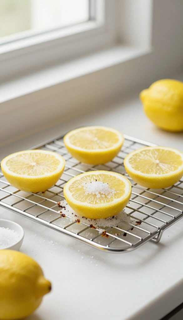 Cleaning oven rack with lemon and salt scrub