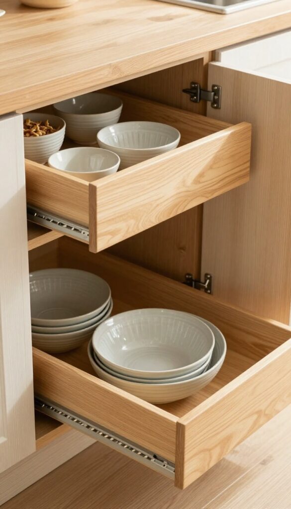 Pull-out wooden drawers in a deep kitchen cabinet neatly organizing bowls by size, with warm natural light.