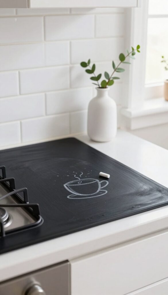 Close-up of a chalkboard paint kitchen backsplash with a chalk doodle, white tiles, and a small vase, bright natural light.