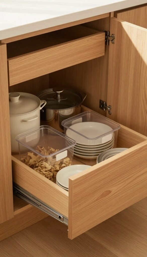 Deep cabinet with pull-out drawers organized with pots, bins, and dry goods in a bright butler's pantry.