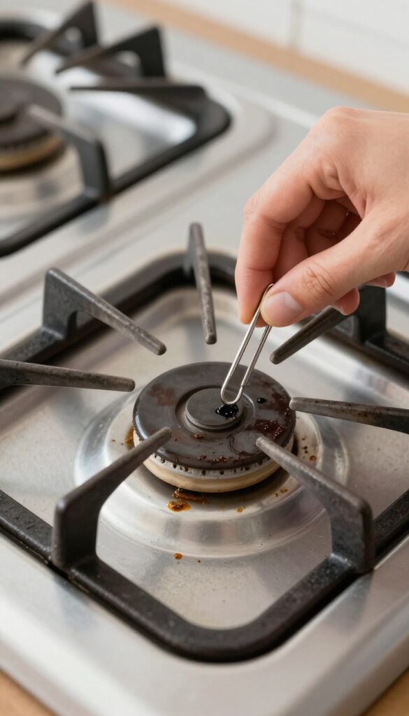 Hand using paperclip to unclog gas burner ports
