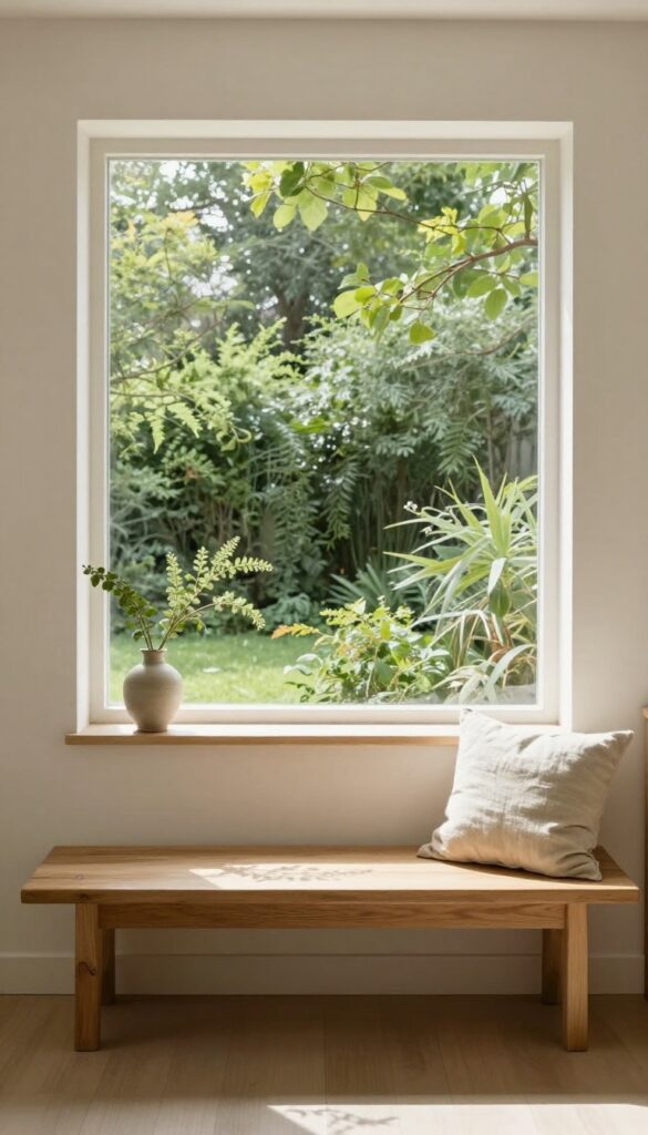 Minimalist kitchen window seat with wooden bench, neutral cushion, and single vase on windowsill, overlooking garden in natural light.