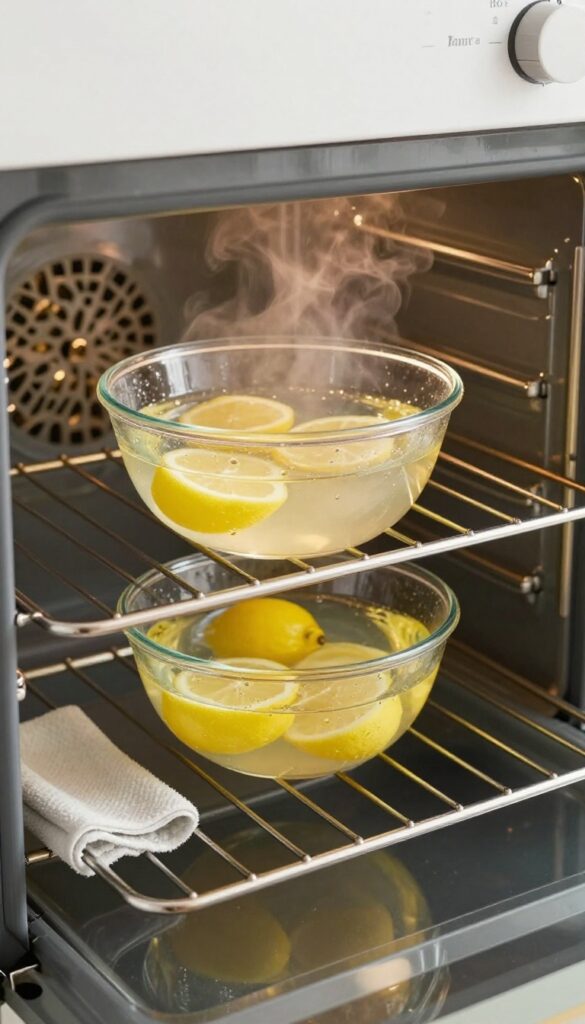 Oven interior with lemon water steam cleaning, bright natural light, clean and fresh.