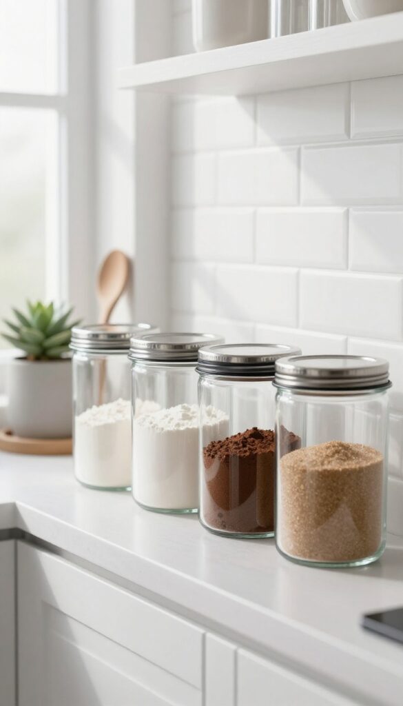 Clear glass airtight canisters on a kitchen shelf filled with flour, sugar, and cocoa powder, with a succulent and wooden spoon holder nearby.