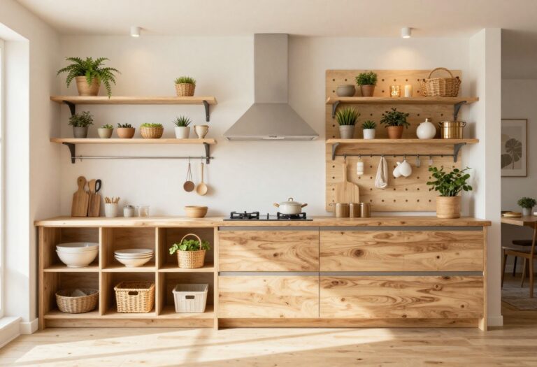Storage-smart Bloxburg kitchen with open shelving, island, and pegboard
