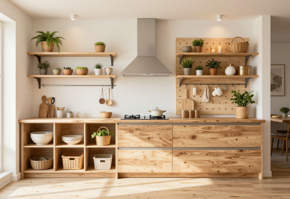 Storage-smart Bloxburg kitchen with open shelving, island, and pegboard