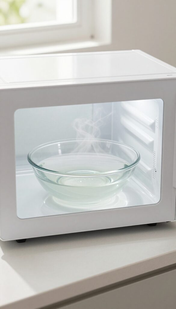 A glass bowl of water and vinegar placed in the center of a microwave turntable, with steam rising, in a bright kitchen setting